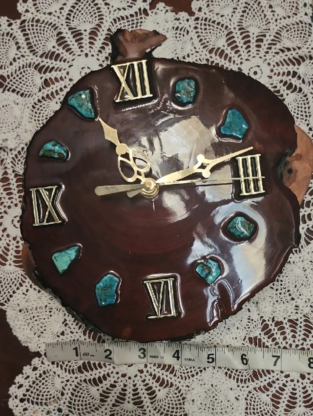 Handcrafted Brown Wood Wall Clock with Turquoise Accents